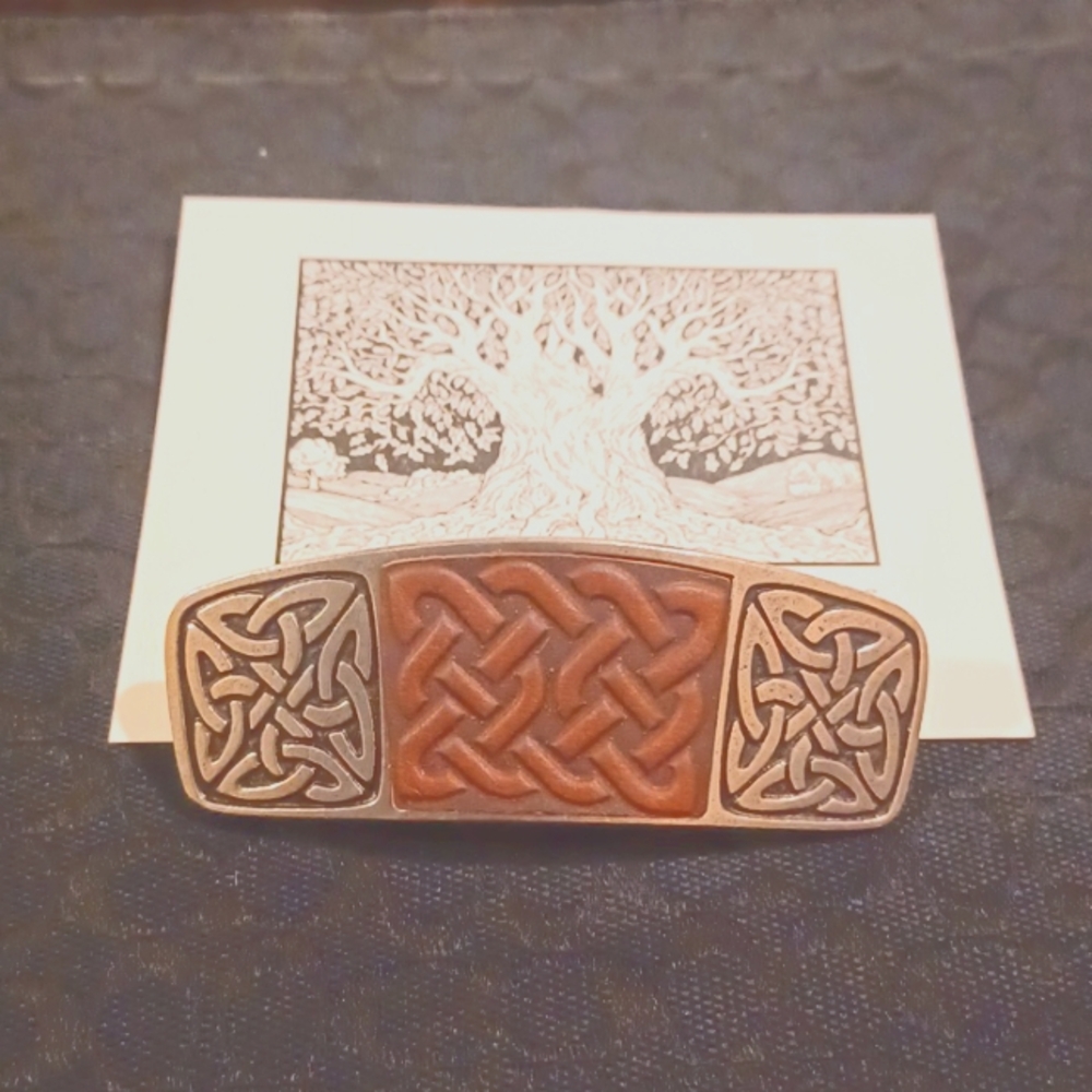 Handmade Oberon Celtic Knot Silvertoned and Leather Barrette